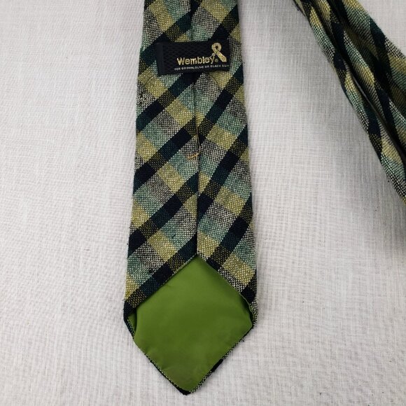 Wembley Wide Tie Green Plaid Tweed Wooly Vintage 70s - Picture 3 of 7